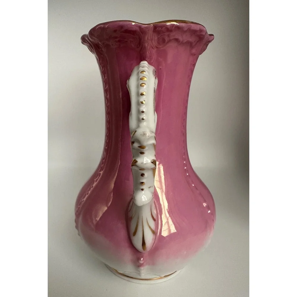 VTG Pink Ombre Porcelain Pitcher Gold Gilded Ornate Handle Mold 6975‎ Victorian